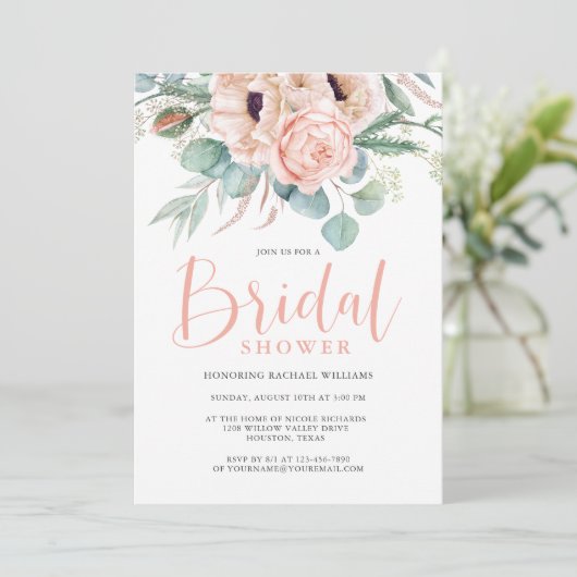 ピンクとベージュウォーターのカラーフローラブライダルシャワー 招待状 (スタンド正面)