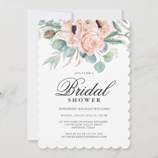 ピンクとベージュウォーターのカラーフローラブライダルシャワー 招待状 (正面)