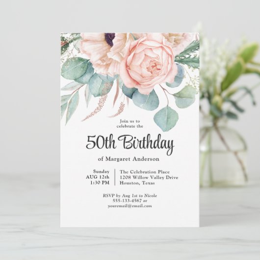 ピンクとベージュウォーターのカラーフローラ50誕生日 招待状 (スタンド正面)