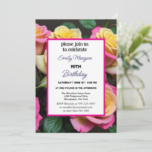 ピンクとベージュウォーターのカラーフローラ90誕生日 招待状 (スタンド正面)