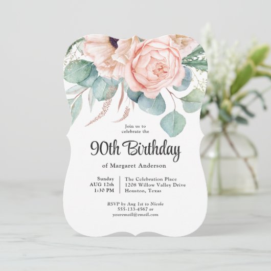 ピンクとベージュウォーターのカラーフローラ90誕生日 招待状 (スタンド正面)