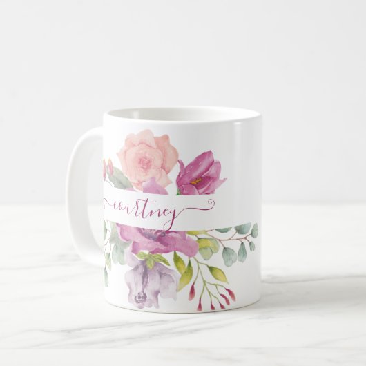 ピンクとペ peachの水彩花柄オーダーメイド コーヒーマグカップ (正面左)