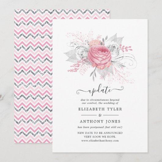 ピンクとホイフェイクルシルバーのフローラの結婚アップデート 招待状 (正面/裏面)