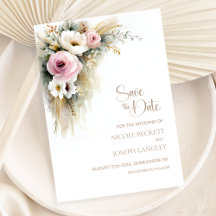 ピンクとホワイトのお花が可愛いラスティックな結婚式の事前案内状