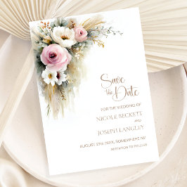 ピンクとホワイトのお花が可愛いラスティックな結婚式の事前案内状 セーブザデート