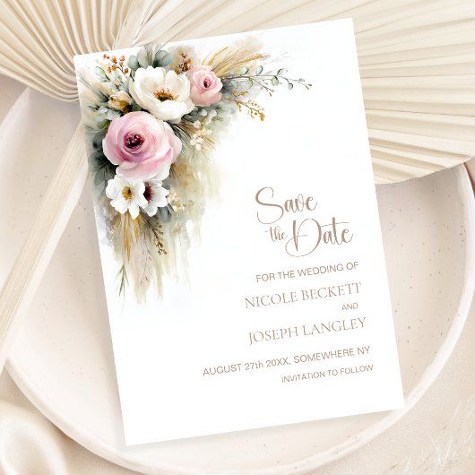 ピンクとホワイトのお花が可愛いラスティックな結婚式の事前案内状 セーブザデート