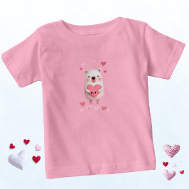 ピンクとホワイトのかわいいポーラーベアハート柄 ベビーTシャツ