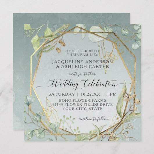 ピンクとホワイトのアネモネ ツイグ ファーン ユーカリ リース 招待状 (正面/裏面)