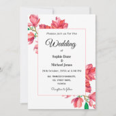 ピンクとホワイトのウェディング ウォーターカラー マグノリア フラワーデザイン 招待状 (正面)