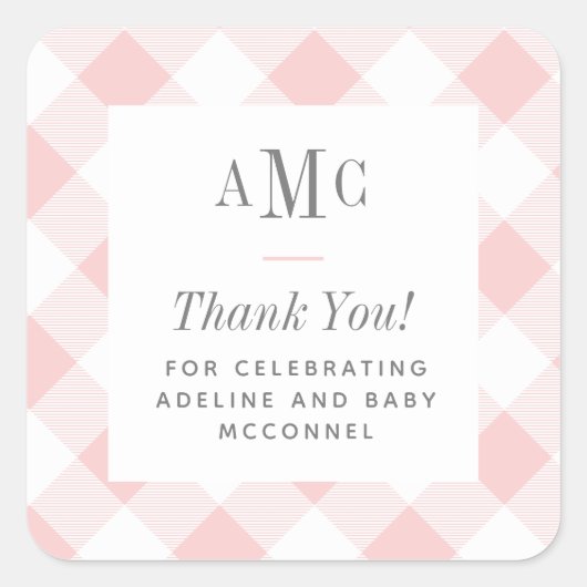 ピンクとホワイトのギンガムチェックのモノグラム感謝の意を表すスクエアS スクエアシール (正面)