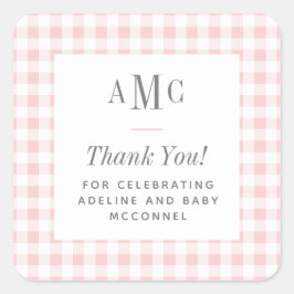 ピンクとホワイトのギンガムチェックのモノグラム感謝メッセージ スクエアシール