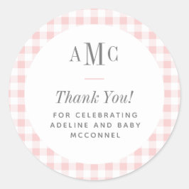 ピンクとホワイトのギンガムチェックのモノグラム感謝メッセージ ラウンドシール