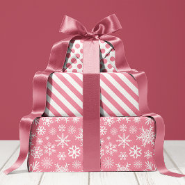 ピンクとホワイトのクリスマス ウィンター スノーフレーク パターン ラッピングペーパーシート