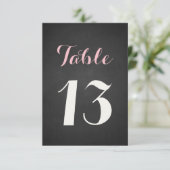 ピンクとホワイトのスクリプトチョークボードテーブルナンバーカード 招待状 (スタンド正面)