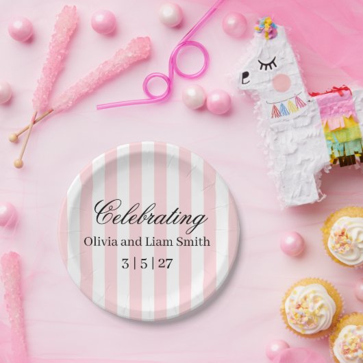 ピンクとホワイトのストライプの結婚式用紙皿 ペーパープレート (パーティー)