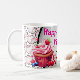 ピンクとホワイトのストライプの野球の誕生日 コーヒーマグカップ