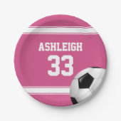 ピンクとホワイトのストライプサッカーボール ペーパープレート (正面)