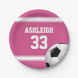 ピンクとホワイトのストライプサッカーボール ペーパープレート