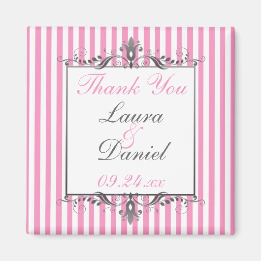 ピンクとホワイトのストライプ ウェディング フェイバー マグネット (正面)