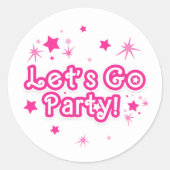 ピンクとホワイトのスパークルスターズ パーティーしよう お誕生日おめでとう ラウンドシール (正面)