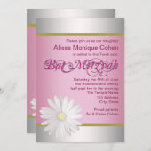 ピンクとホワイトのデイジー バット ミッツヴァ 招待状 (正面/裏面)