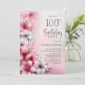 ピンクとホワイトのフラワーバースデーパーティー 100歳の誕生日 招待状 (スタンド正面)