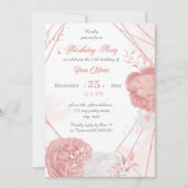 ピンクとホワイトのフローラ幾何学誕生日パーティー 招待状 (正面)