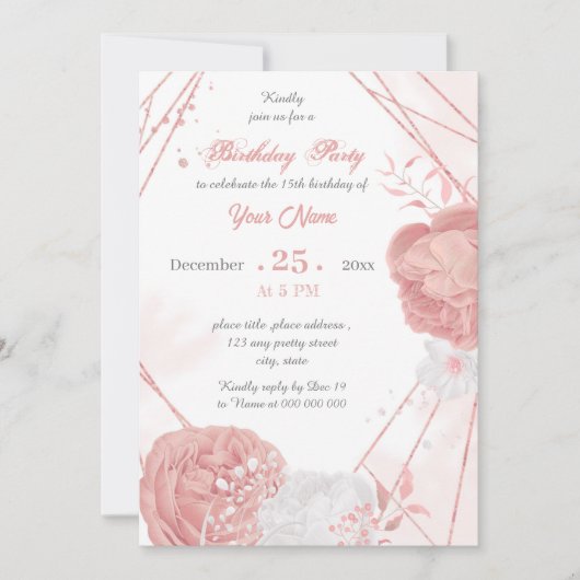ピンクとホワイトのフローラ幾何学誕生日パーティー 招待状 (正面)