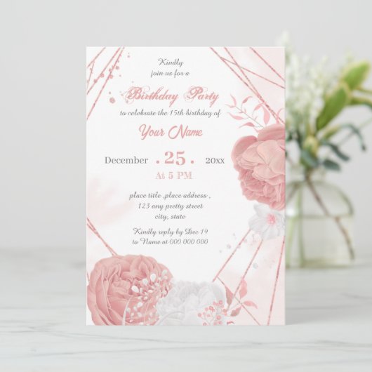 ピンクとホワイトのフローラ幾何学誕生日パーティー 招待状 (スタンド正面)