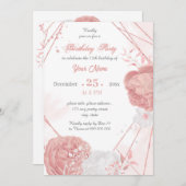 ピンクとホワイトのフローラ幾何学誕生日パーティー 招待状 (正面/裏面)