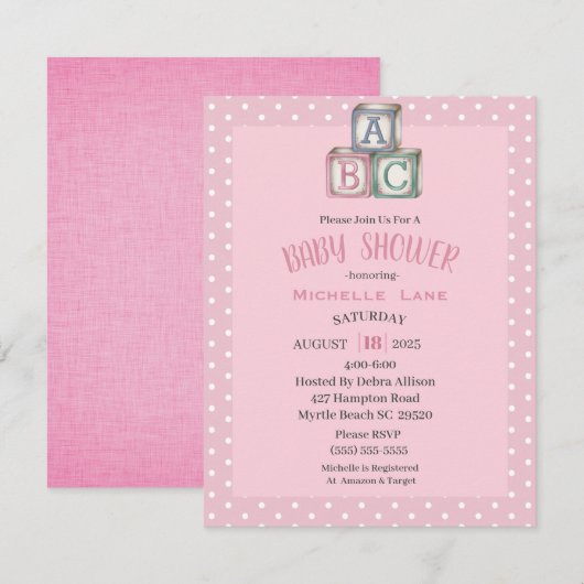 ピンクとホワイトのベビーブロック 女の子のシャワー招待状 招待状 (正面/裏面)