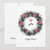 ピンクとホワイトのポインセチアのホリデーリース シーズンカード (正面/裏面)