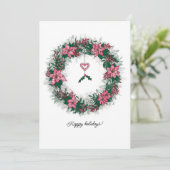 ピンクとホワイトのポインセチアのホリデーリース シーズンカード (スタンド正面)