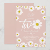 ピンクとホワイトのレトロなデイジー 2歳の誕生日 招待状 (正面/裏面)