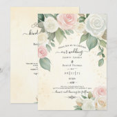 ピンクとホワイトのローズ ダスキー ブルームス 招待状 (正面/裏面)