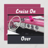 ピンクとホワイトのヴィンテージカー バースデーバッシュ 招待状 (正面/裏面)