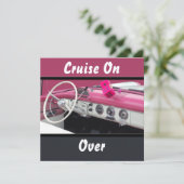 ピンクとホワイトのヴィンテージカー バースデーバッシュ 招待状 (スタンド正面)