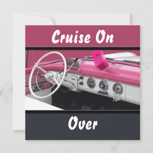 ピンクとホワイトのヴィンテージカー バースデーバッシュ 招待状 (正面)