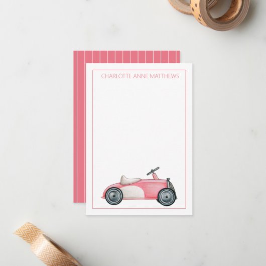 ピンクとホワイトのヴィンテージトイカーパーソナライズされた ノートカード (正面/裏面インサイチュ)