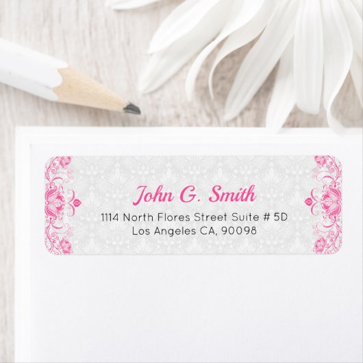 ピンクとホワイトのヴィンテージフローラ渦巻き旋回とダマスラベル ラベル (インサイチュ)