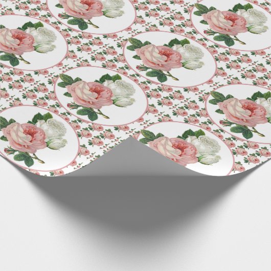 ピンクとホワイトのヴィンテージローズ / フラワーパターン ラッピングペーパー (角)