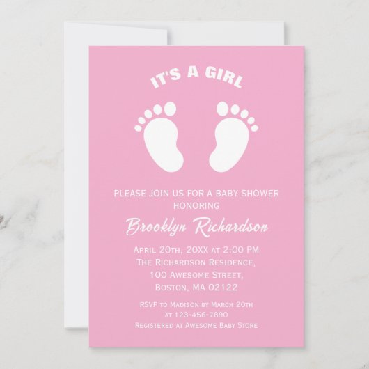 ピンクとホワイトの小さな足 - 女の子のベビーシャワーパーティー 招待状 (正面)