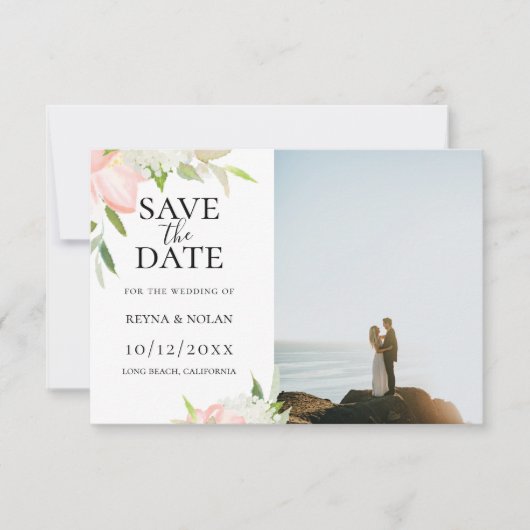 ピンクとホワイトの植物写真 Save The Date 案内状 (正面)