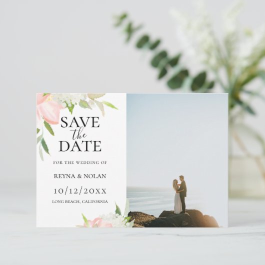 ピンクとホワイトの植物写真 Save The Date 案内状 (スタンド正面)