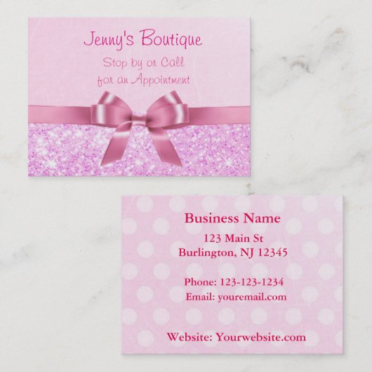 ピンクとホワイトの水玉模様とピンクボウ&グリッター 名刺 (正面/裏面)