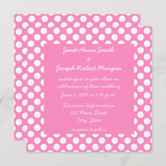 ピンクとホワイトの水玉模様結婚式招待状 招待状 (正面/裏面)