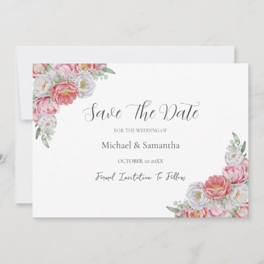 ピンクとホワイトの芍薬の結婚式 セーブザデート (正面)