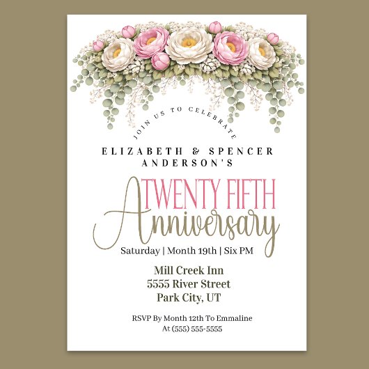 ピンクとホワイトの芍薬の結婚25周年記念 招待状