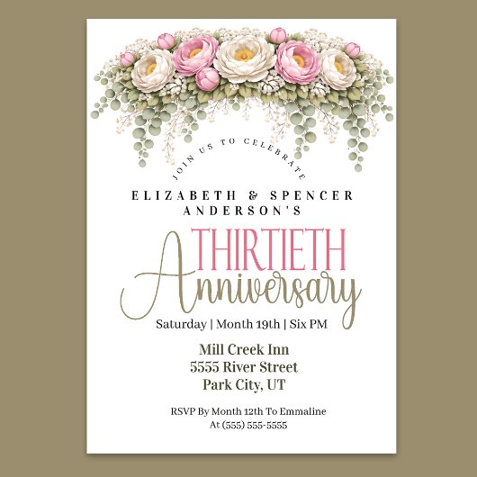 ピンクとホワイトの芍薬の結婚30周年記念 招待状