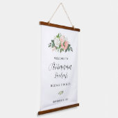 ピンクとホワイトの花のウェディングシャワー歓迎 吊り下げ型タペストリー (傾斜あり)